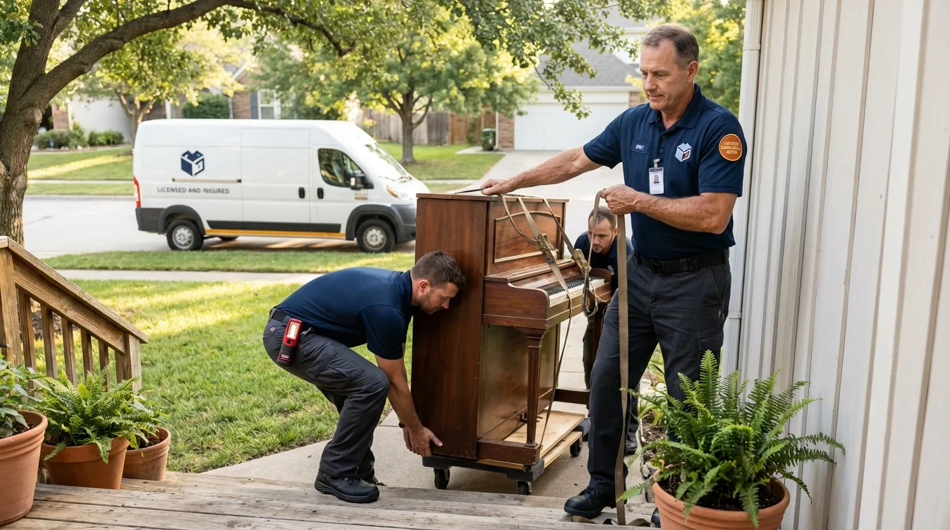 Licensed piano movers securing grand piano in Columbiana, AL