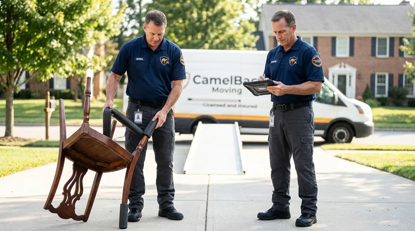 Movers inspecting furniture for damage prevention before loading in Columbiana, AL