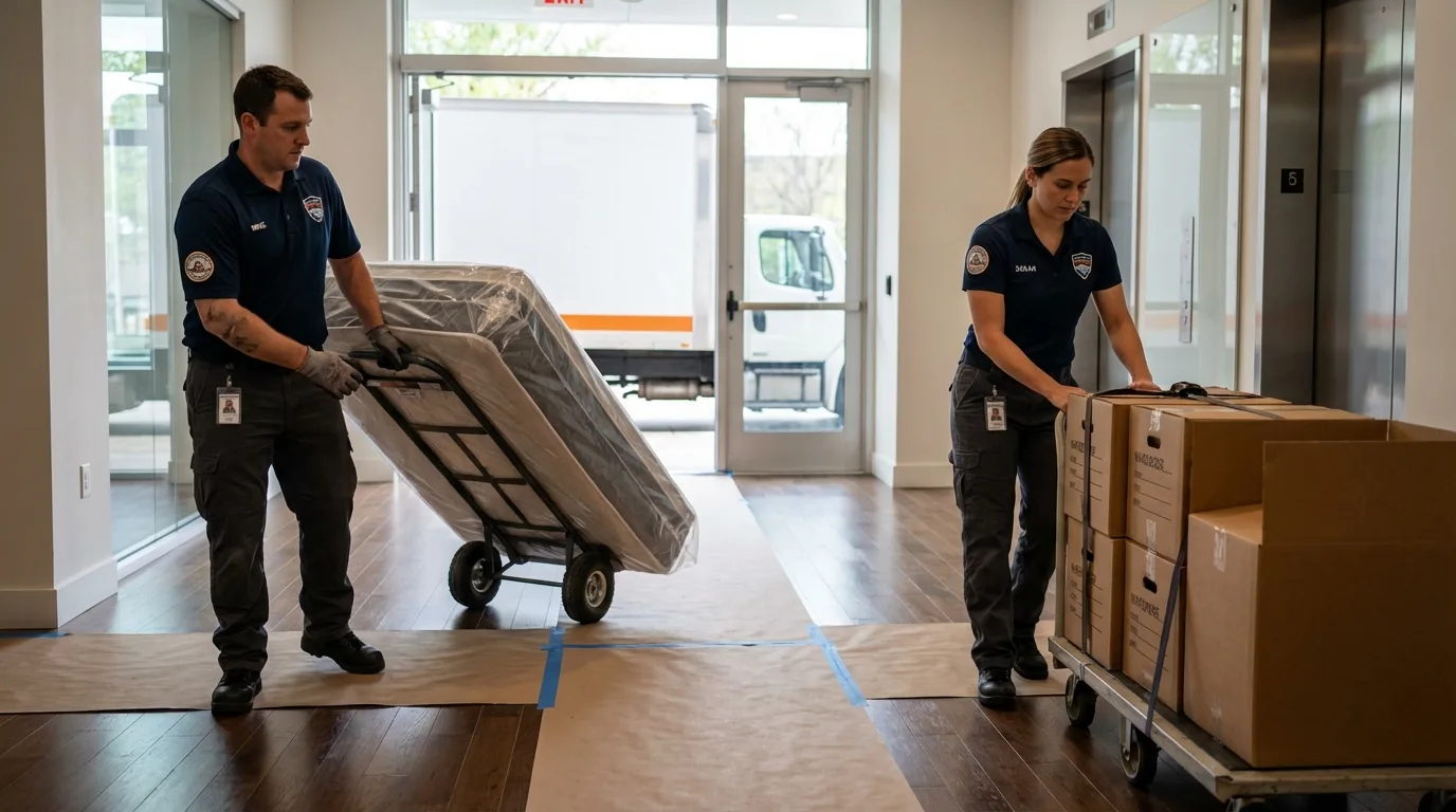 Professional apartment movers loading elevator in Columbiana, AL