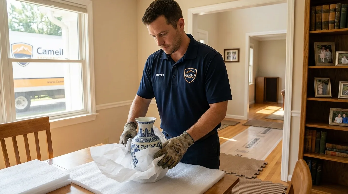 Professional crew carefully wrapping antique vase for senior downsizing move in Columbiana, AL